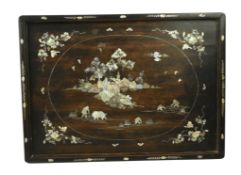 QING DYNASTY HONGMU (?) MOTHER OF PEARL INLAID TRAY 十九世紀 紅木嵌贝母人物故事托盘