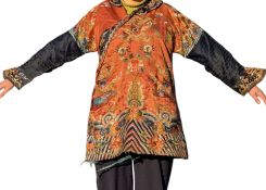 19TH CENTURY QING DYNASTY CHILD'S SILK EMBROIDERED ROBE 清 十九世纪杏地龙纹童服