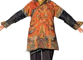 19TH CENTURY QING DYNASTY CHILD'S SILK EMBROIDERED ROBE 清 十九世纪杏地龙纹童服