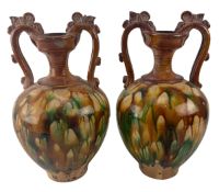 PAIR OF SANCAI GLAZED POTTERY AMPHORA VASES 三彩陶壶一对