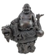 LARGE CHINESE CAST BRONZE BUDAI SEATED UPON A CHIWEN 布袋和尚和螭吻铜像