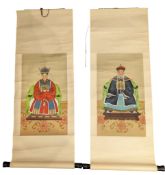 PAIR OF CHINESE INK & COLOUR ON SILK ANCESTOR PORTRAIT SCROLL PAINTINGS
