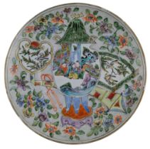 19TH CENTURY QING DYNASTY FAMILLE VERTE CHARGER 清 广彩暗花鸟任人物盘