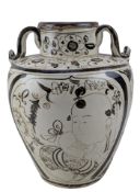 CHINESE SONG CIZHOU POTTERY 'FIGURINE' VASE 磁州白底褐彩双系戏婴图罐