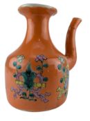QING CORAL GROUND FAMILLE ROSE WATER PORCELAIN JUG 清 珊瑚釉酒壶