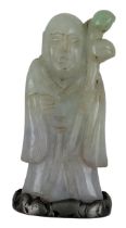 CHINESE LAVENDER & GREEN JADE CARVING OF SHOULAO ON A METAL PLINTH 玉 寿星