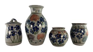 20TH CENTURY SET OF STONEWARE VASES AND LIDDED POT