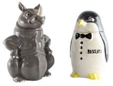 TWO ENGLISH POTTERY 20TH CENTURY RHINO & PENGUIN SHAPED BISCUIT BARRELS