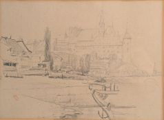 THEODORE VALERIO - A RIVER TOWN - 19TH CENTURY PENCIL ON PAPER SKETCH DRAWING