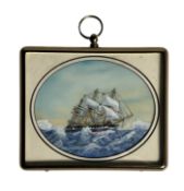 20TH CENTURY ACRYLIC ON IVORINE MINIATURE PAINTING OF HMS CHLLENGER AFTER ORIGINAL