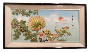 LARGE CHINESE SHELL ART DIORAMA DEPICTS BIRDS & FLOWERS' WALL HANGING