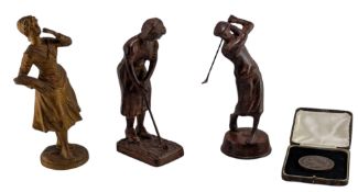 THREE EARLY 20TH CENTURY SPELTER FIGURES & NAPOLEON III COPPER MEDALLION