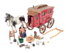 VINTAGE TOYS - ROMANY GYPSY CARAVAN AND CERAMIC HORSE