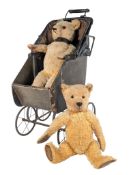 TEDDY BEARS - ANTIQUE DOLL PRAM AND 2X VINTAGE BEARS