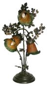 ART DECO STYLE TOLEWARE & GLASS THREE-ARM FLORAL TABLE LAMP