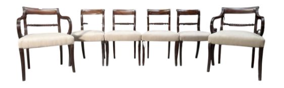 SIX REGENCY 19TH CENTURY MAHOGANY & UPHOLSTERED DINING CHAIRS & CARVERS