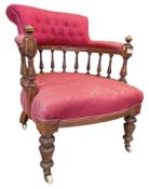 VICTORIAN 19TH CENTURY DAMASK & MAHOGANY FRAME TUB CAPTAIN'S CHAIR