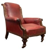 VICTORIAN 19TH CENTURY RED LEATHER-STUDDED & MAHOGANY FIRESIDE ARMCHAIR