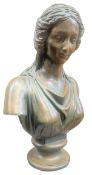 CONTINENTAL, POSSIBLY FRENCH BRONZE EFFECT TERRACOTTA BUST OF YOUNG LADY