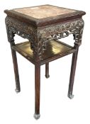 19TH CENTURY CHINESE ROSEWOO & MARBLE TOP TWIN TIER PEDESTAL SIDE TABLE