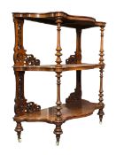 HIGH VICTORIAN 19TH CENTURY BURR WALNUT THREE-TIER PIERCED ETAGERE WHATNOT.