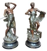 AFTER JEAN-BAPTISTE GERMAIN - MINEUR & METALLURGIE - TWO COL PAINTED PEWTER SCULPTURES