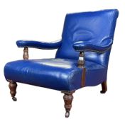VICTORIAN 19TH CENTURY BLUE LEATHER LIBRARY ARMCHAIR