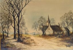 RON FOLLAND (1932-1999) - OIL ON CANVAS LANDSCAPE PAINTING WITH CHURCH & WOODS