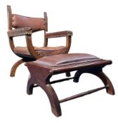 CONTINENTAL EARLY 20TH CENTURY OAK & LEATHER THRONE CHAIR WITH SIMILAR STOOL