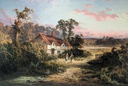 19TH CENTURY ENGLISH SCHOOL OIL ON CANVAS LANDSCAPE PAINTING WITH COTTAGE