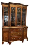 EDWARDIAN CIRCA 1900 MAHOGANY INLAID BREAKFRONT LIBRARY BOOKCASE