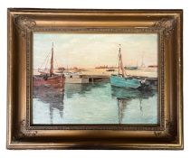 COLIN HUNTER ARA (1841-1904) - HARBOUR SCENE WITH BLUE BOAT - OIL ON BOARD