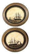 PAIR OF VICTORIAN 19TH CENTURY EGLOMISE REVERSE PAINTINGS ON GLASS OF SHIPS