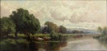 HENRY H PARKER - 19TH CENTURY OIL ON CANVAS LANDSCAPE PAINTING WITH CATTLE