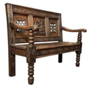 19TH CENTURY CARVED OAK MONKS BENCH