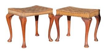 PAIR OF 19TH CENTURY STRAPWORK TAN LEATHER STOOLS