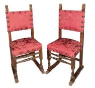 PAIR OF CONTINENTAL 18TH CENTURY CARVED WALNUT & UPHOLSTERED HALL SIDE CHAIRS