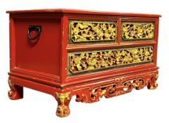 JAVANESE PERANAKA/STRAITS STYLE RED LACQUERED & GILT CHEST WITH TABLE