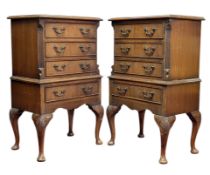 PAIR OF QUEEN ANNE REVIVAL WALNUT BEDSIDE CHESTS OF DRAWERS