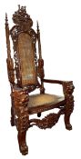 IMPRESSIVE 17TH CENTURY STYLE CARVED MAHOGANY & RATTAN THRONE CEREMONIAL CHAIR