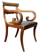 REGENCY 19TH CENTURY MAHOGANY BAR BACK & SCROLLED ELBOW RESTS DESK CHAIR