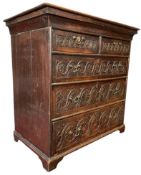 GEORGE III 18TH CENTURY CARVED OAK TWO OVER THREE CHETS OF DRAWERS