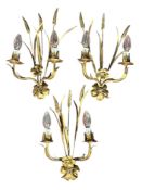 THREE EARLY 20TH CENTURY TOLEWARE GILT METAL WHEAT SHEAF WALL SCONCES