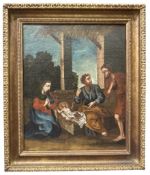 19TH CENTURY NAIVE SCHOOL OIL ON CANVAS PAINTING OF THE NATIVITY