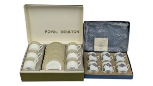 ROYAL WORCESTER & ROYAL DOULTON - SONNET CUPS & SAUCERS W/ CERAMIC CHOCOLATE POTS