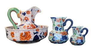 LATE 19TH / EARLY 20TH CENTURY LARGE IRONSTONE CHINA IMARI BOWL & THREE JUGS