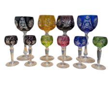 COLLECTION OF 20TH CENTURY VINTAGE COLOURED CRYSTAL CUT HOCK GLASSES