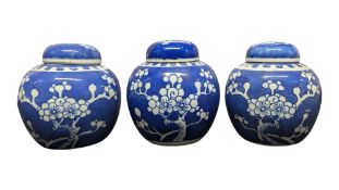 THREE 20TH CENTURY CHINESE PORCELAIN BLUE & WHITE PRUNUS GINGER JARS