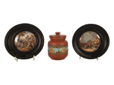 19TH CENTURY PRATTWARE TERRACOTTA TOBACCO JAR WITH TWO FRAMED POT LIDS