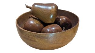 MID 20TH CENTURY VINTAGE DECORATIVE WOODEN BOWL W/ TURNED FRUIT EXAMPLES